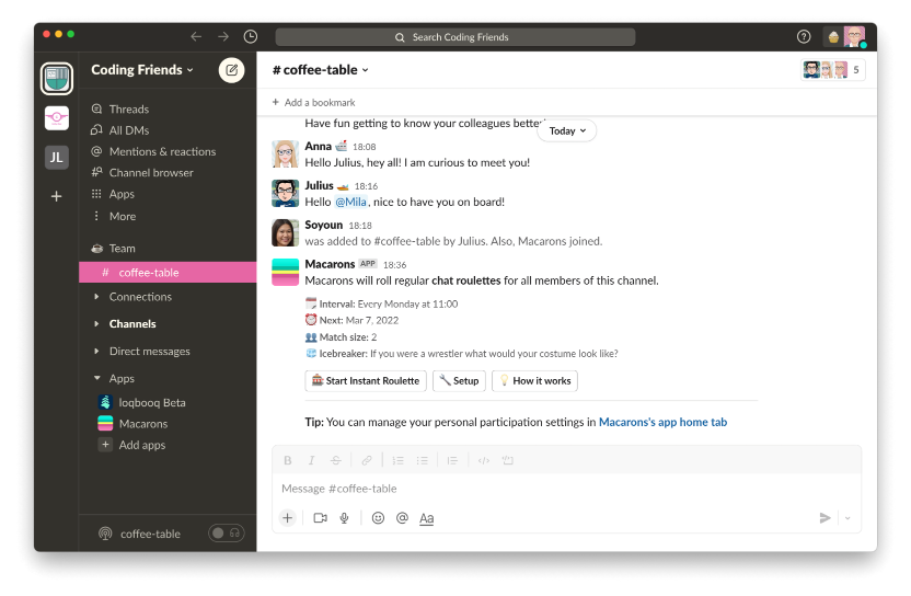 Screenshot of Macarons message in a Slack channel